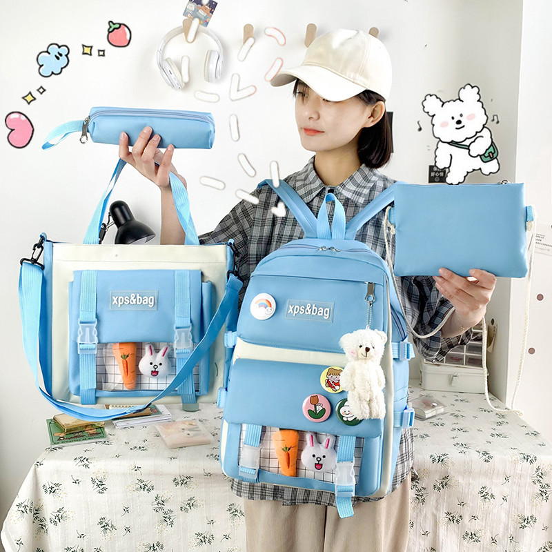 韩版潮流四件套學生書包_國小國中高中背包_大學生帆布撞色雙肩